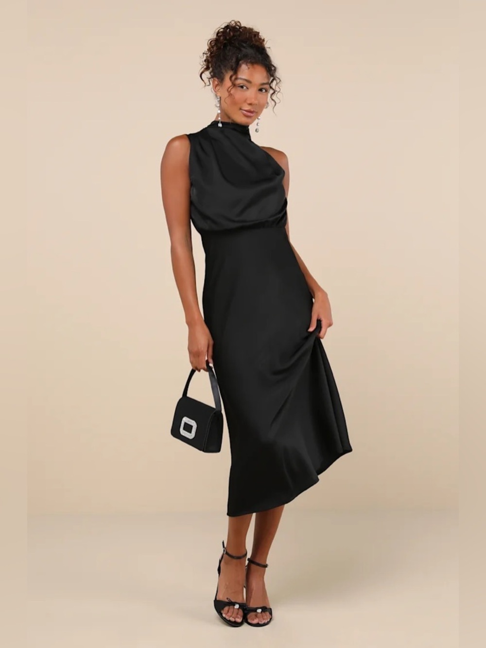 Lulus Distinctive Charm Black Satin Asymmetrical Midi Dress
